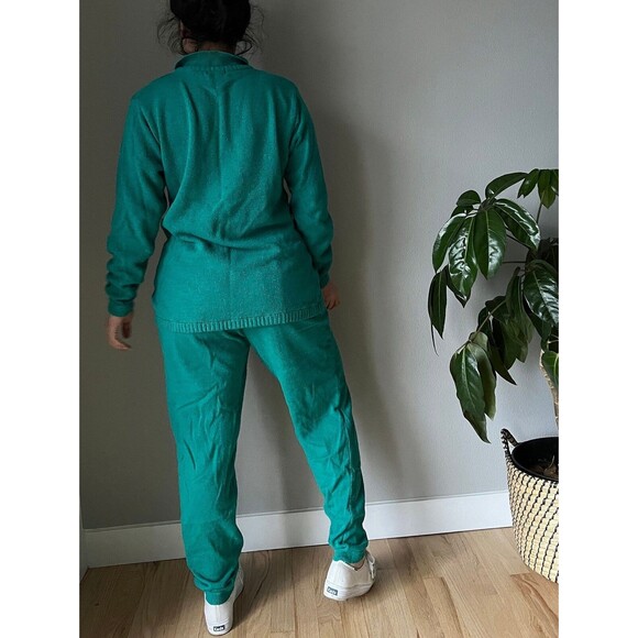 vtg 90s silk wool green knit sweater set‎ argyle print retro loungewear small - Picture 3 of 9